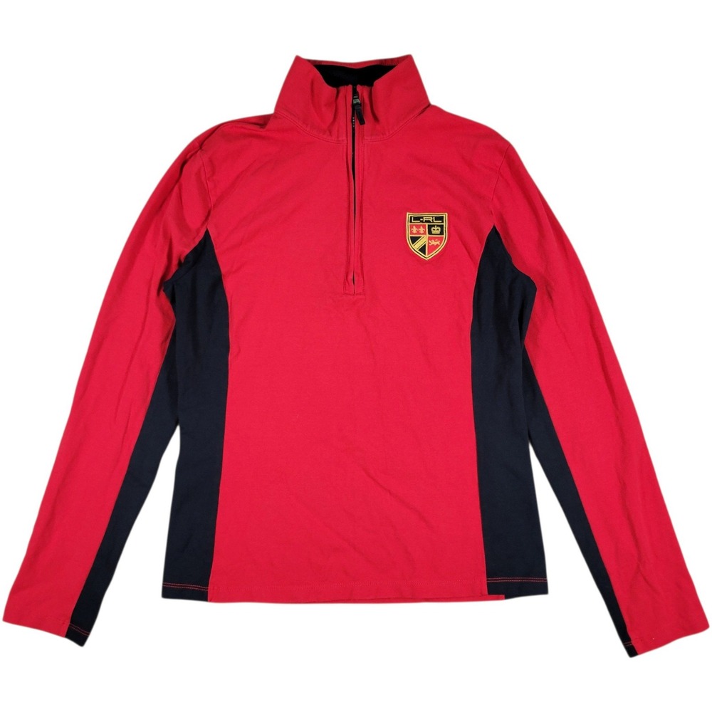 LRL Ralph Lauren 1/4 Zip Pullover Womens M Red Black Crest Activewear Preppy Top
